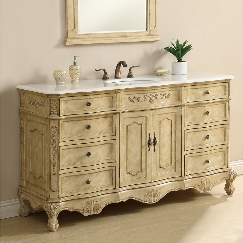 Ensemble de meuble-lavabo simple 60 po Lunette, Beige antique clair, Blanc ivoire