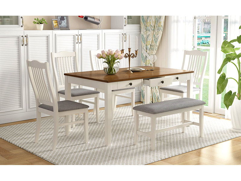 Mid-Century 6-Piece Wood Dining Table Set, Kitchen Table Set With Drawer, Upholstered Chairs And Bench, Butter Milk