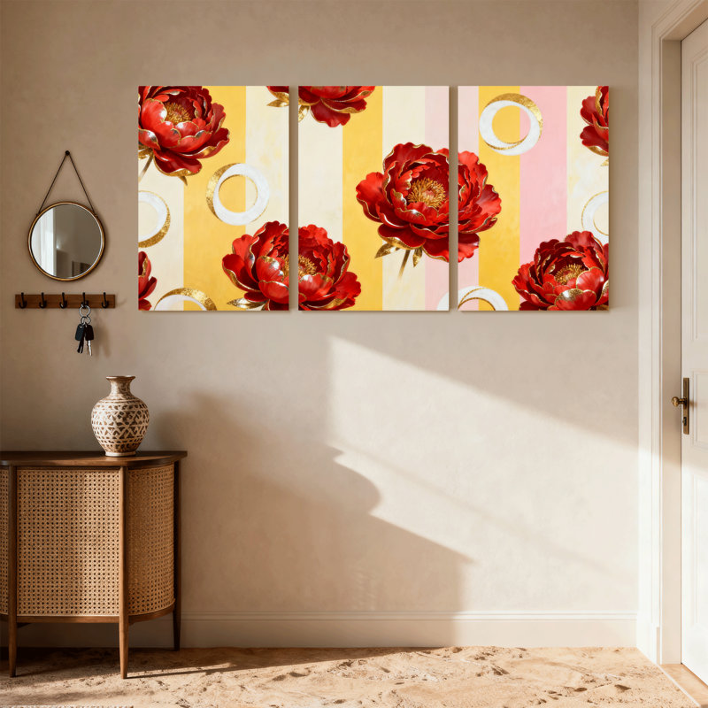 Plantes et fleurs, fleurs rouges sur fond rayé avec cercles, ensemble de 3 impressions sur toile, H 18 po x l 36 po