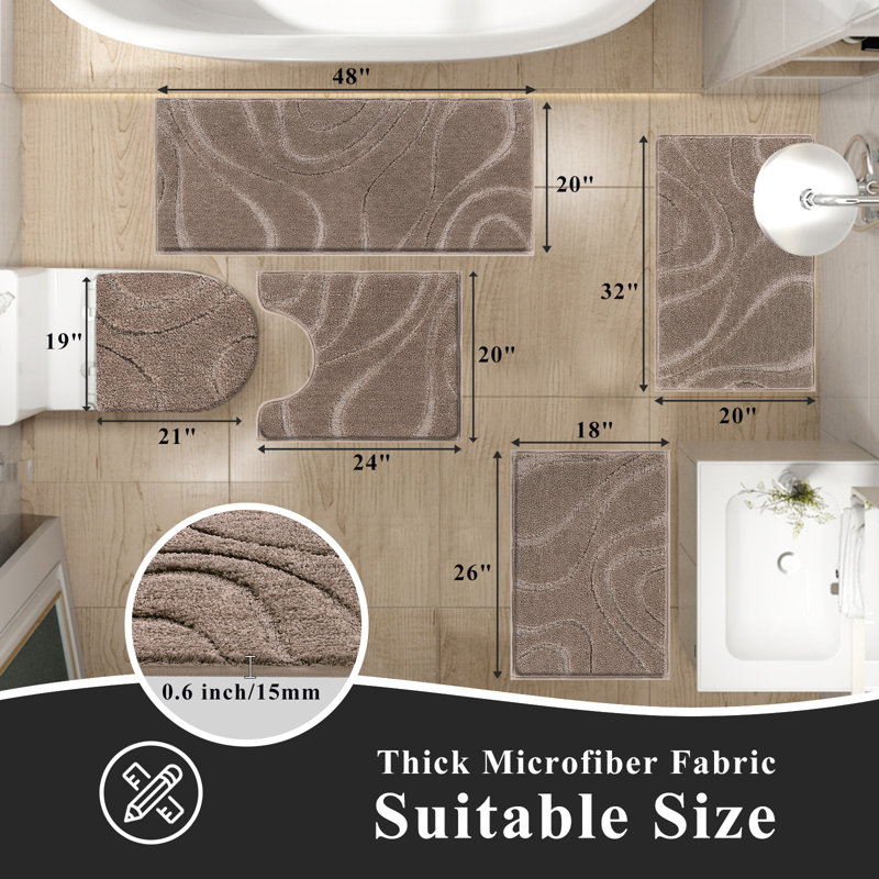 5 Piece Soft Absorbent Microfiber Bath Rug Set with Non-Slip Backing, Brown