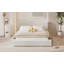 Lit plateforme tapissier avec tissu en velours, lit au sol avec structure solide, beige