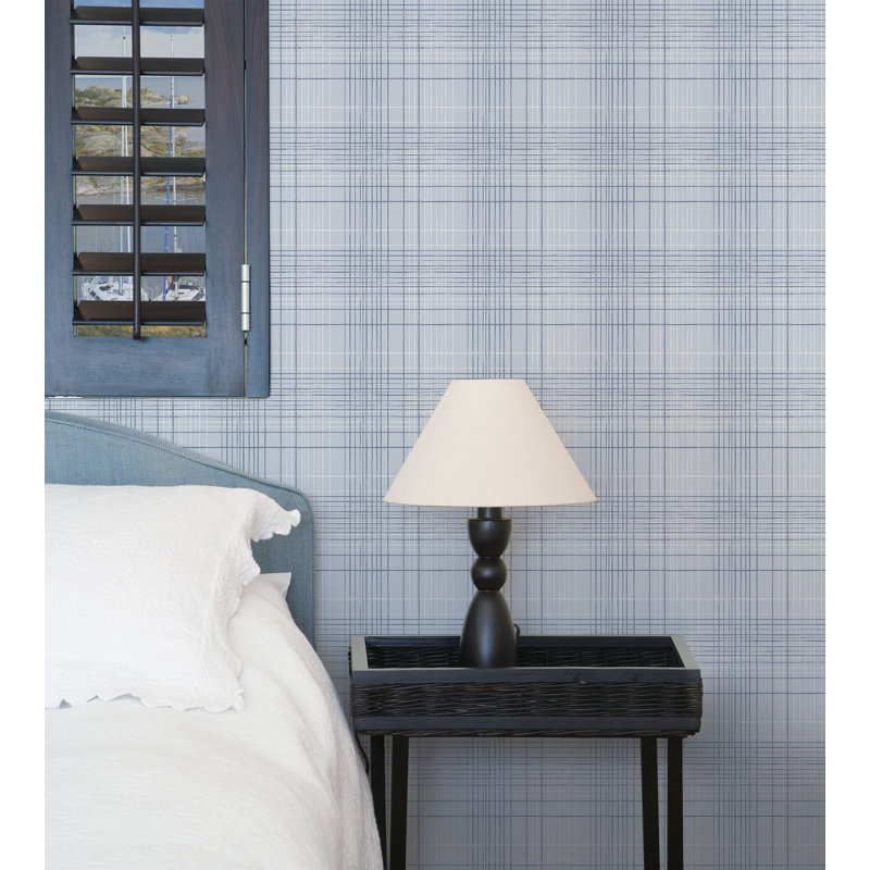Deauville 2 Grid Lines Effect 33' L x 21" W Wallpaper Roll, Sky Blue/Navy Blue/White