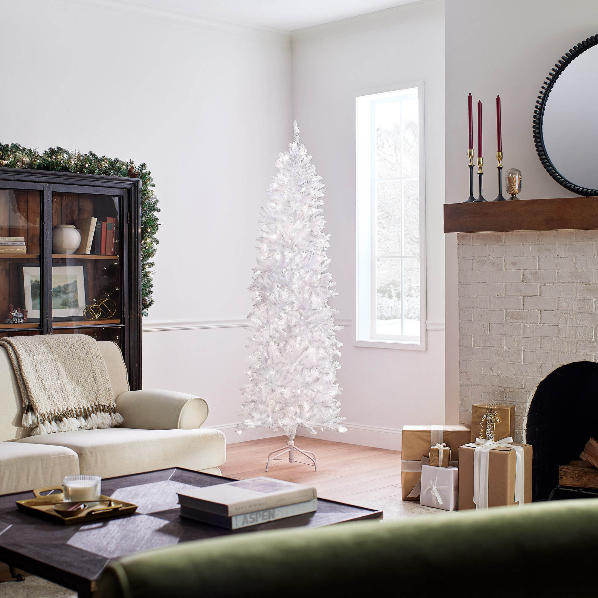 The Holiday Aisle® Kingswood Fir White Pencil Tree with Clear Lights, 7'