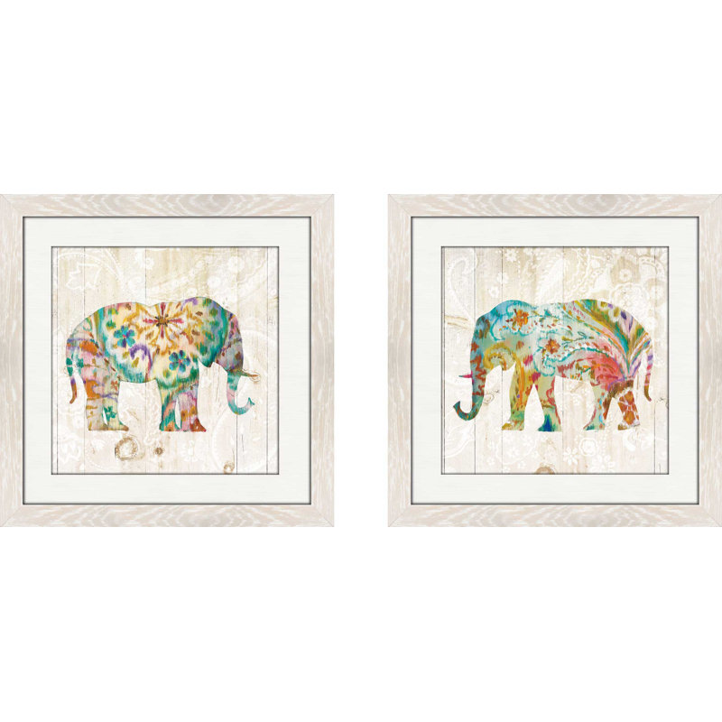 «Boho Paisley Elephant I», ensemble de 2 reproductions de peintures à l'acrylique encadrées, H 16,5 po x l 33 po x P 1 po