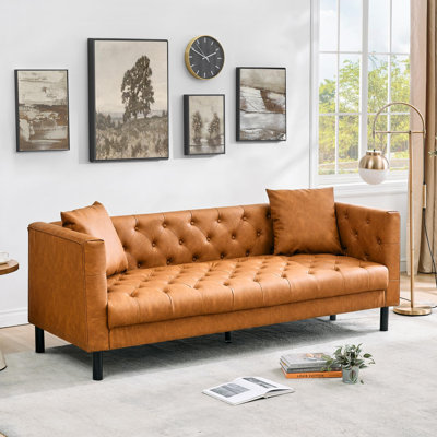 Leather Sofa 81", Chesterfield Style 3 Seater Couch with Deep Seat, Hand-Tufted Button Quilting, Vintage Couch for Living Room, Apartment, Office