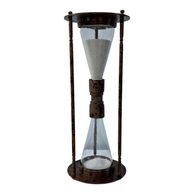 Sablier cylindrique en métal avec détail en verre pour la décoration intérieure - Objet décoratif de style transitionnel pour bureau - 35,5 cm, brun et transparent