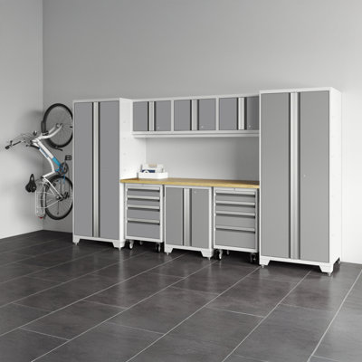Bold XL Series Platinum 9 Piece Garage Cabinets Set With Tool, Base, Wall Cabinets, Bamboo Worktop And 30 In. Lockers