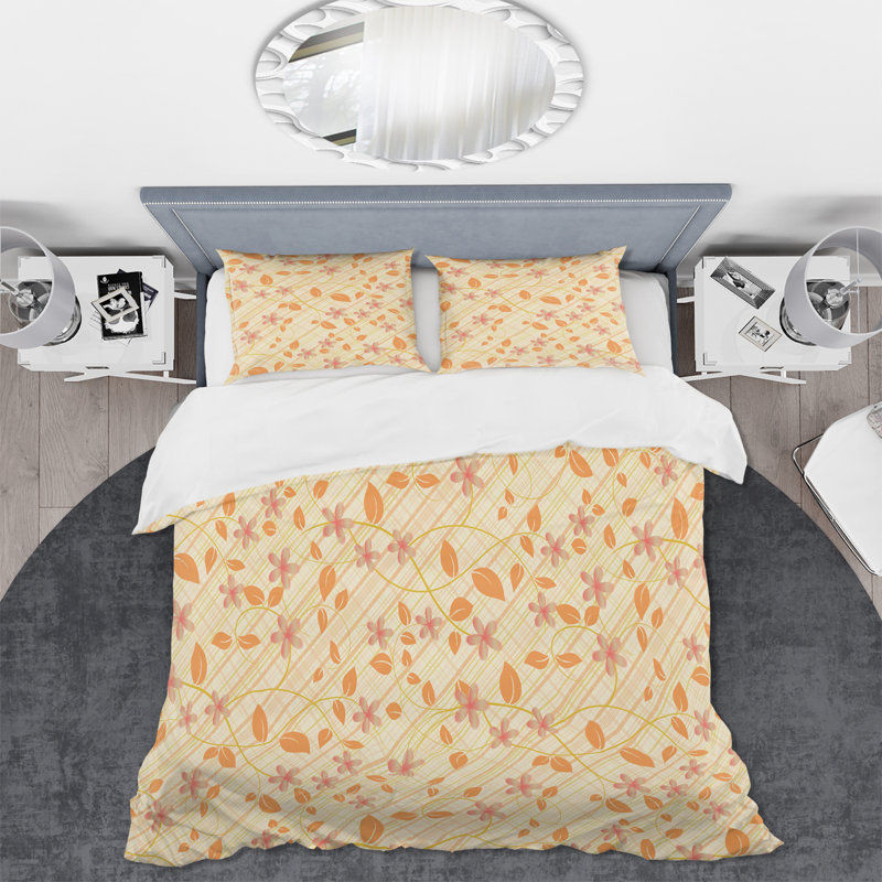 Orange Flower Vines - Ensemble de housse de couette moderne - Microfibre de polyester