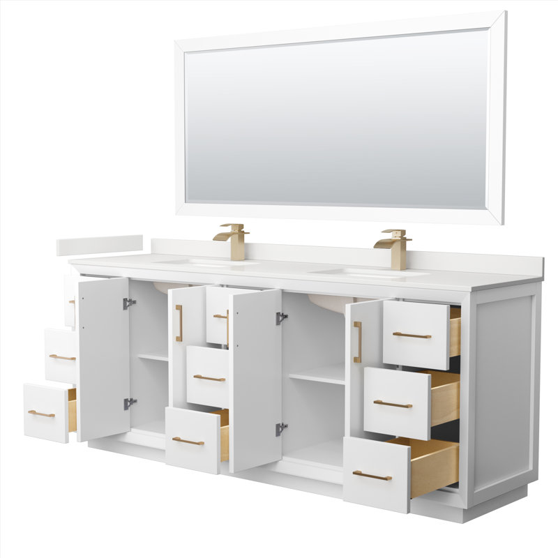 Meuble-lavabo double autoportant 84 po avec plateau en quartz Strada, WDX13315, Blanc, Bronze satiné