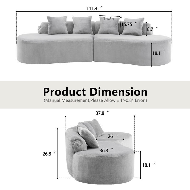 Canapé modulaire en velours avec 4 coussins, Velours gris clair