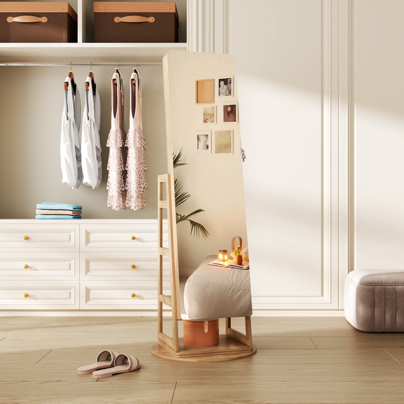 Armoire à bijoux pivotante à 360 °, armoire à bijoux verrouillable avec miroir pleine longueur, Brun