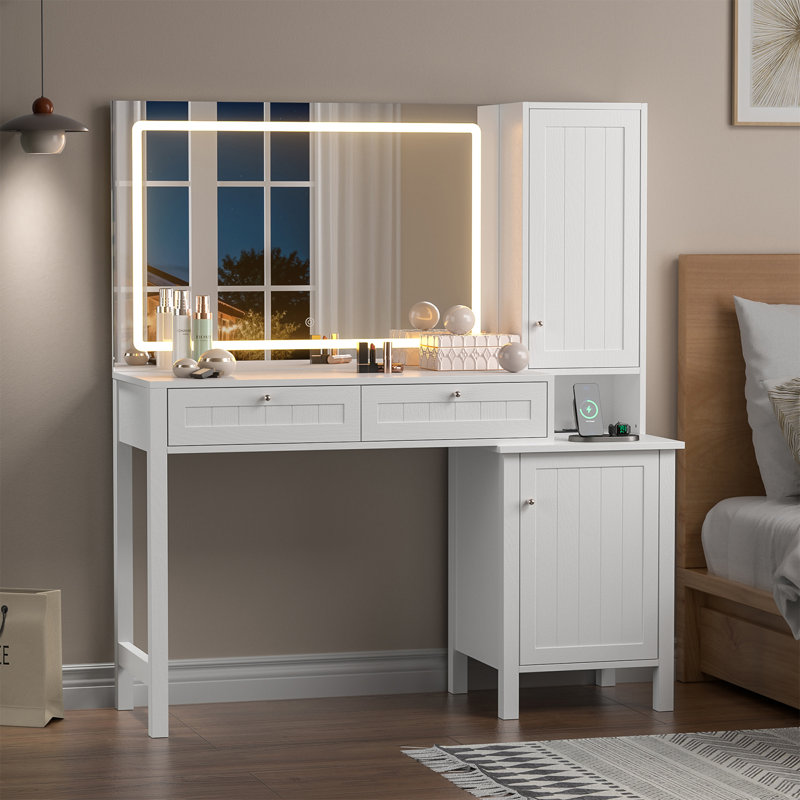 Makeup Vanity With Lighted Mirror And Built-in Power Outlets And Usb Ports For Bedroom