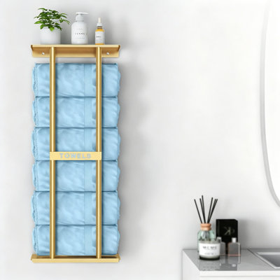 Wall Mounted Bathroom Towel Rack with Shelf - Space Saving Storage for 6 Large Rolled Towels, Holds Bath Essentials, Ideal for Small Bathrooms, Apartments, Dorms