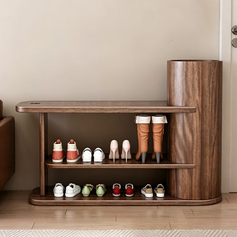 Étagère à chaussures 30,71 po en noyer massif brun avec banc à chaussures, H 22,83 po x l 30,71 po x P 16,54 po
