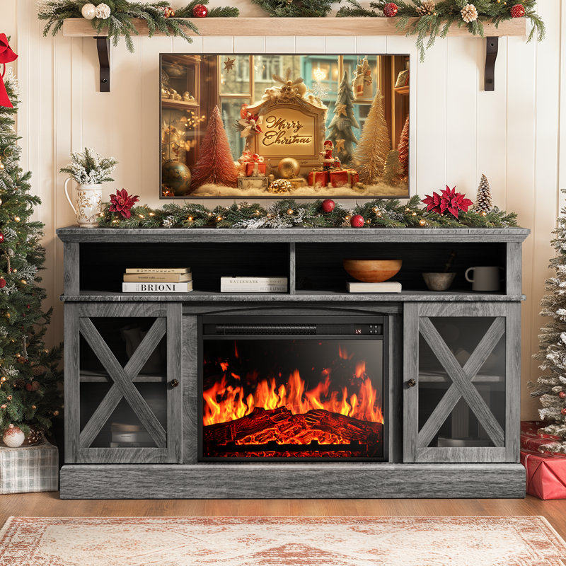 Jinora Farmhouse TV Stand For TVs Up To 70" With Electric Fireplace Included