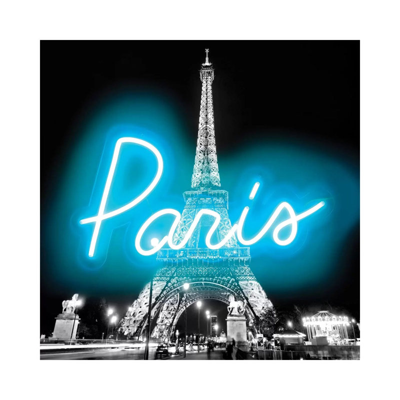 Neon Paris Aqua On Black by Hailey Carr - Wrapped Canvas Print, 30.48 cm H x 30.48 cm W