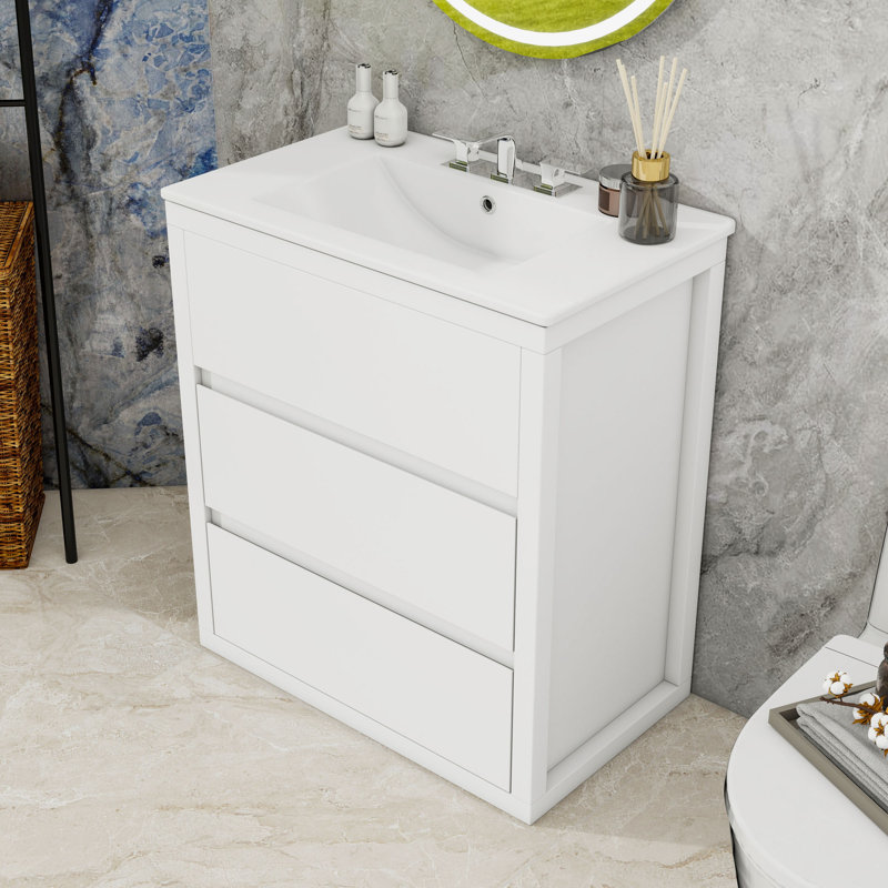 Meuble-lavabo autoportant moderne avec lavabo en céramique intégré et tiroirs à fermeture en douceur, Blanc
