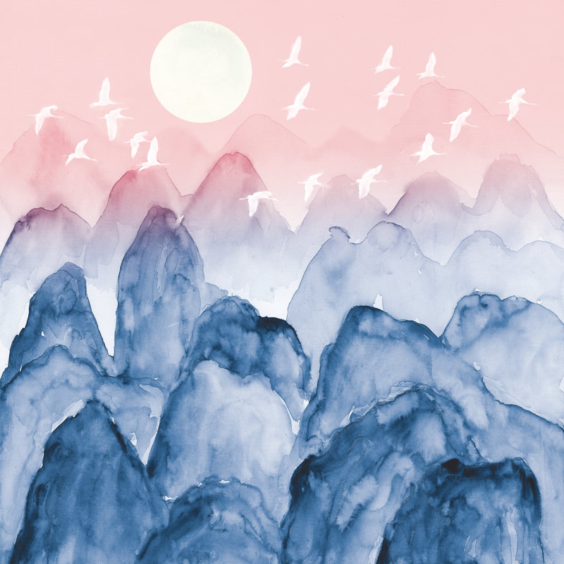 Cranes Flying Over Mountains - Wrapped Canvas Painting, 30cm H x 30cm W x 3.8cm D