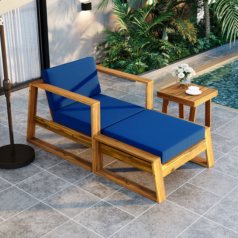 Wood Adjustable Backrest Outdoor Lounge Chair with armrest and soft cushion, Blue