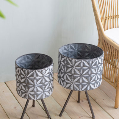 Ensemble de 2 pots à fleurs en métal, pot de ferme rond gris galvanisé