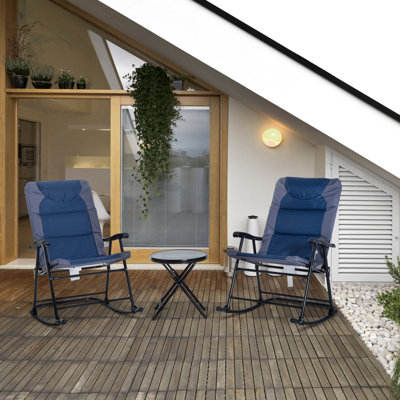 Ensemble de mobilier d'extérieur 3 pièces avec table basse en verre et 2 chaises berçantes pliantes rembourrées Outsunny