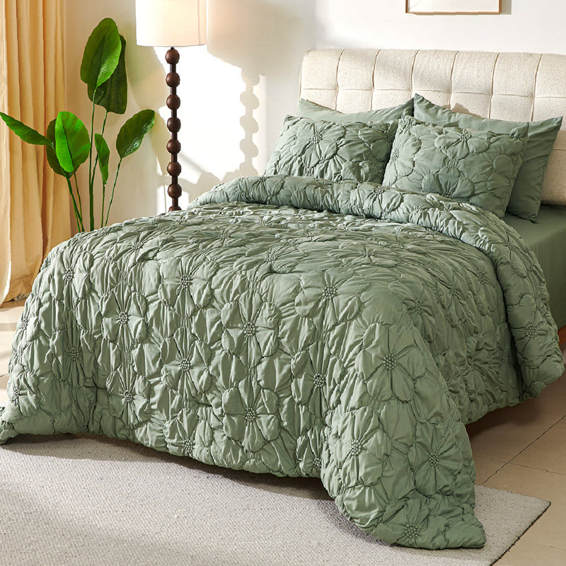 7 Piece Pintuck Pleat Comforter Set,Floral Ruched Bedding Set with Sheets All Season Bed in a Bag, Green