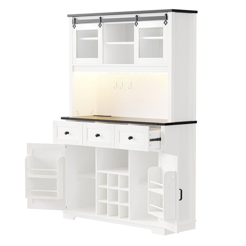 71" Coffee Bar Wine Cabinet with Sliding Barn Door & LED Lights