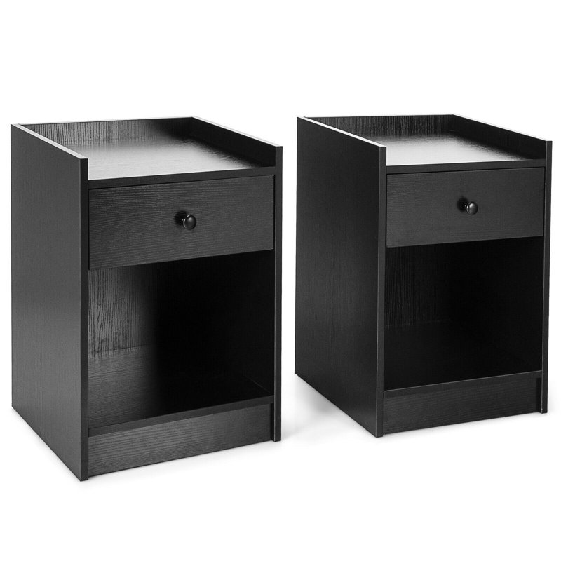 Wooden Nightstand with Drawer Cabinet End Side Table Raised Top, Set of 2, Black