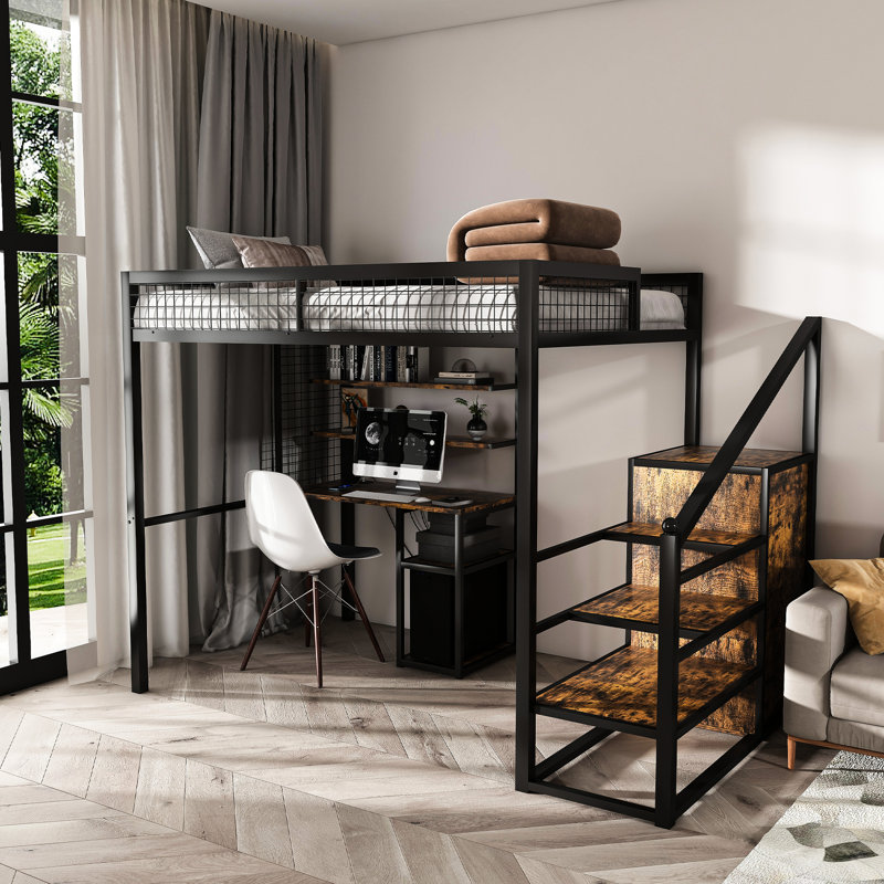 Lit mezzanine avec bureau, support de rangement et ports de charge intégrés, pour dortoirs d'appartements, étagères ouvertes à faible encombrement, structure robuste,