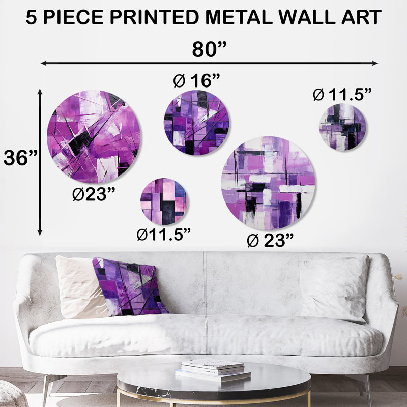 Tachisme cubique mauve brossé 4 - Tachisme, ensemble de 5, art mural moderne éclectique en métal, ensemble de 5