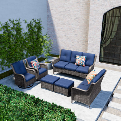 6-Pieces Wicker Outdoor Patio Furniture Set Rattan Chair Wicker Set with Blue Cushion