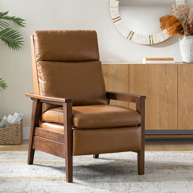 Gladys Mid-Century Modern Genuine Leather Pushback Recliner, Camel