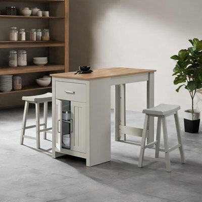 Small Space Counter Height Dining Table Set with 2 Stools, Soft Gray, 47-Inch, Rectangle, Solid Wood, Storage Cabinet and Drawer