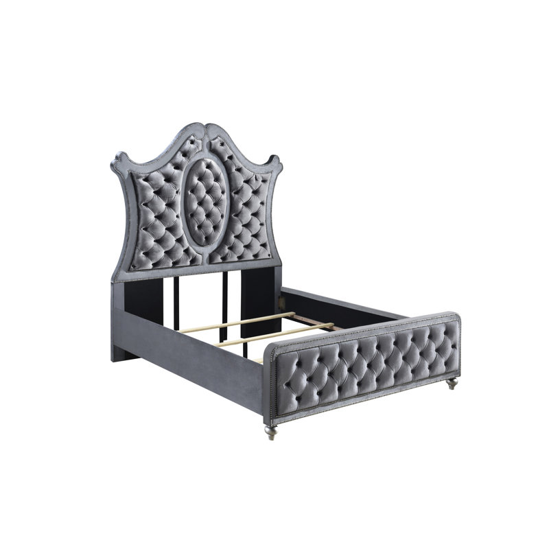 Luxury Modern Queen Panel Bed In Gray And Silver With Headboard, Nailhead Details, Mirrored Features For Bedroom Diamond Tufts, Handles