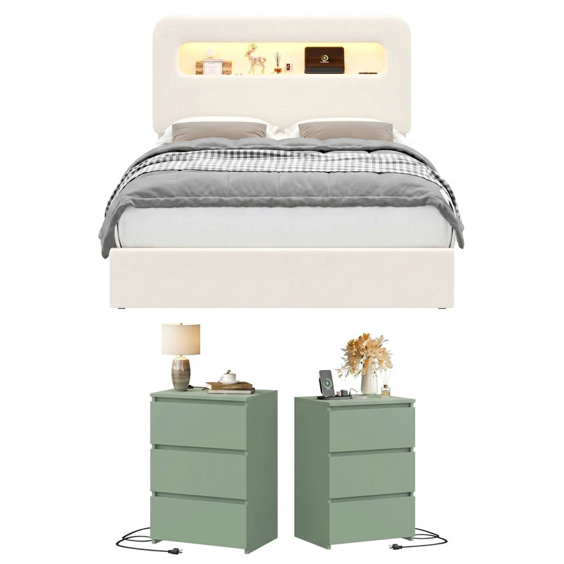 Ensemble de chambre à coucher rembourrée avec rangement 3 pièces, Blanc / bois naturel, Grand lit