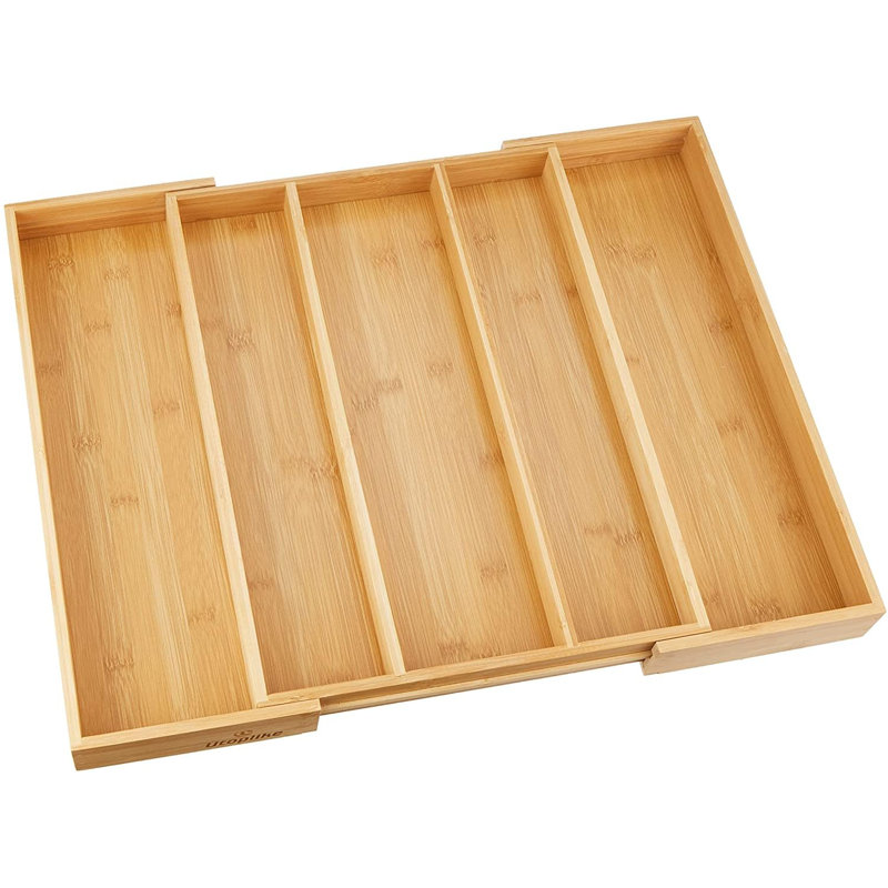 Bamboo Expandable Kitchen Drawer Organizer, Adjustable Utensil Holder And Cutlery Tray Organizer for Silverware, Utensils, Kitchen, Bedroom, Living Room Knives, 5 Slots Slots Drawer Dividers
