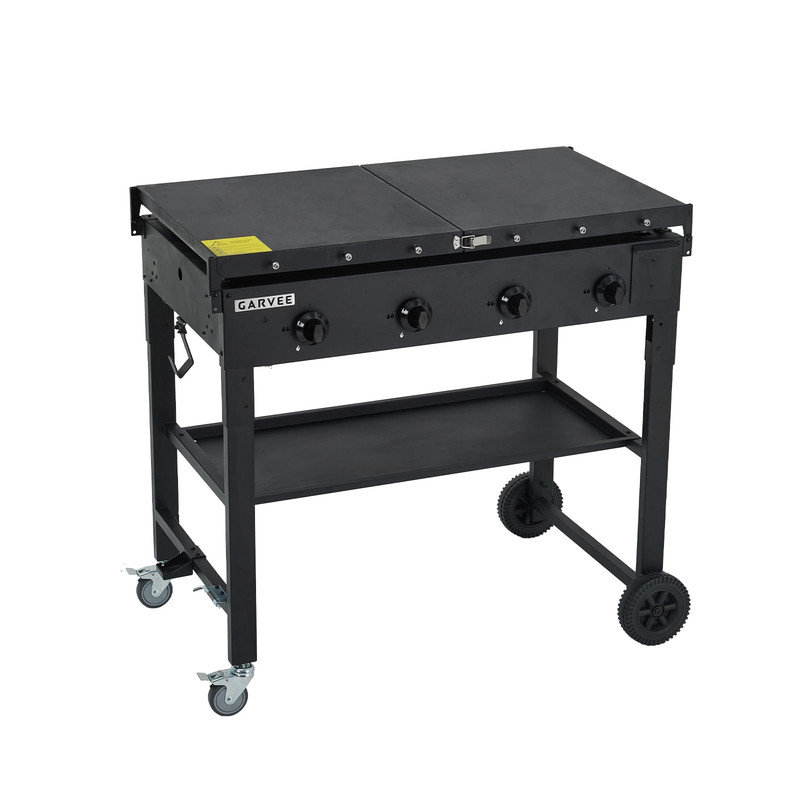36” Flat Top Griddle with 4 Burners – 60,000 BTU Propane Gas Grill, Foldable Shelves & Wheels for Outdoor BBQ