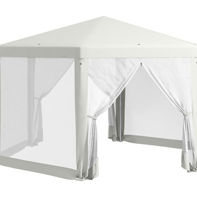 Cream White Outdoor Hexagon Party Sun Shade Shelter Tent, 13' X 11', With Protective Mesh Sidewalls, Ropes & Stakes 11' Hexagon. Sidewalls Ropes. Top For Recreation. Two Zippered Entrances. Steel