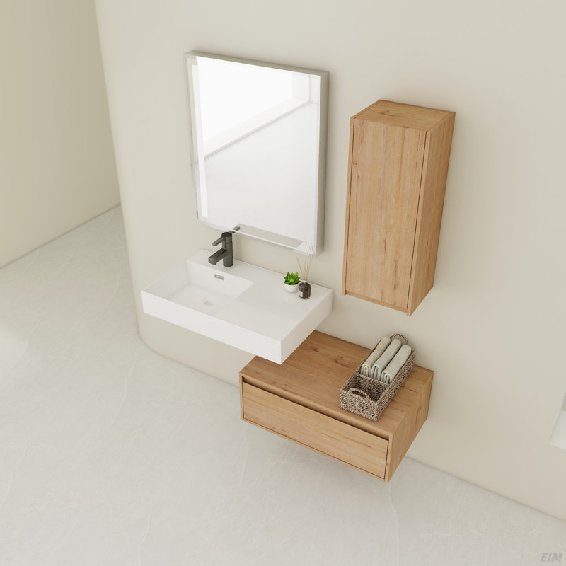 Meuble-lavabo mural 30 po avec lavabo en résine et armoire latérale, tiroir à fermeture en douceur (KD-Packing), armoire combinée