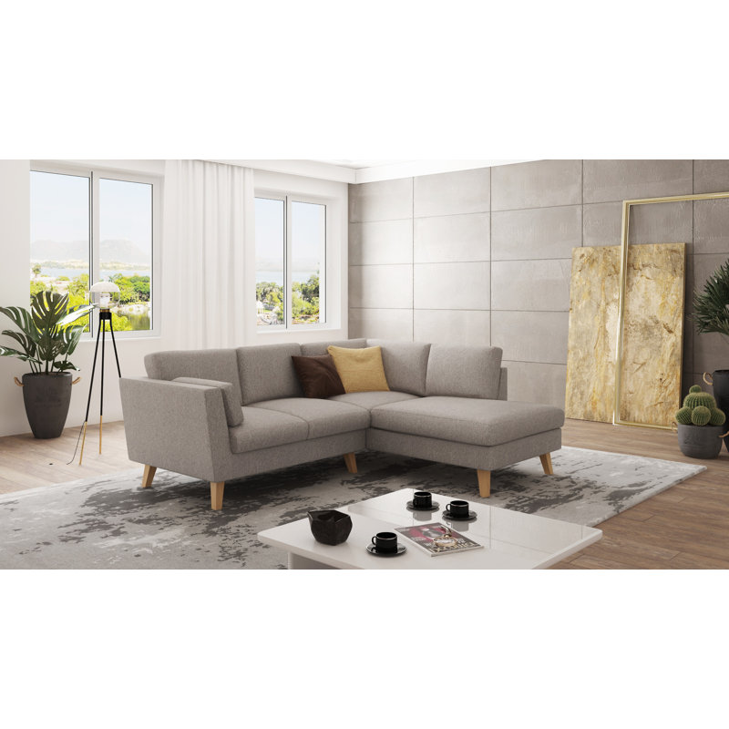 Corner Sofa with Wooden Legs In Scandinavian Style , Right Hand Facing, Dark Beige