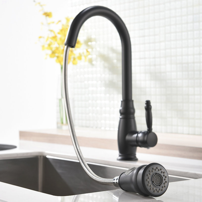Commercial Black Kitchen Faucet With Pull Out Sprayer, Single Handle Single Lever Kitchen Sink Faucet