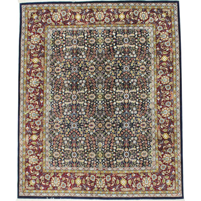 Tapis unique en laine rouge / bleu marine des années 70 de 7 pi 11 po x 9 pi 9 po Hereke