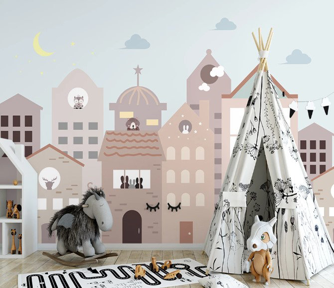 Papier peint de chambre d'enfant maisons ciel, L 114 po x l 172 po