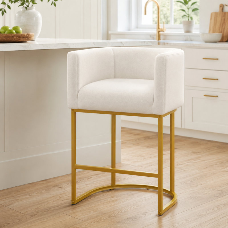 Tabouret rembourré à hauteur de comptoir avec structure en métal, Siège en cuir beige / structure dorée