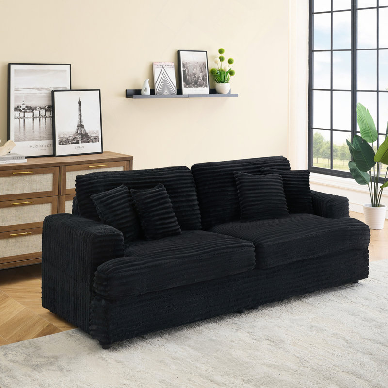 Long canapé en velours côtelé avec 4 coussins assortis, spacieux et confortable à 3 places pour les salons modernes, Noir