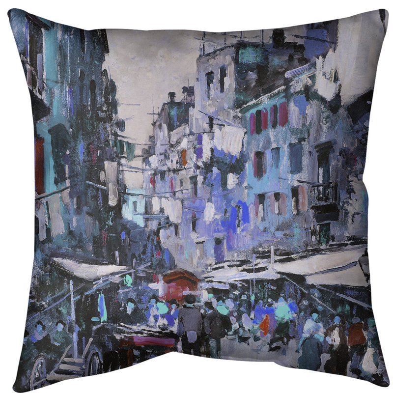 Marché à Naples, coussin européen, Bourre en polyester, Bleu, Sergé de coton