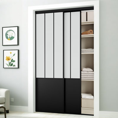 48"x80" Frosted Safety Glass Full Lite Powder Coated Black Steel Framed Sliding Closet Doors With Installation Hardware Kit