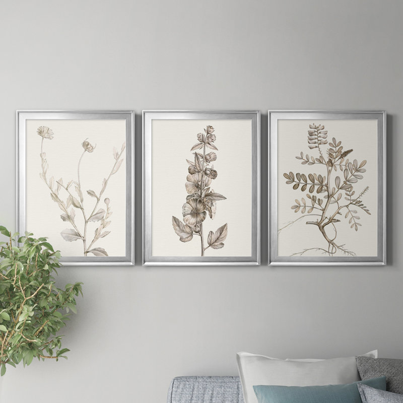 " Neutral Botanical Study IV " 3 - Pieces, 18.5" H x 73.5" W x 1.5" D, Silver