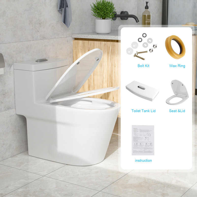 One-Piece Elongated Toilet, Powerful Dual Flush 1.24/1.43 Gpf Modern Skirted Toilet With Seat, 12'' Rough-in