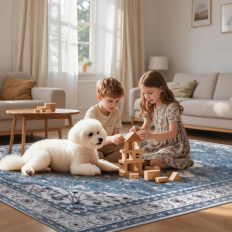 Machine Washable Non-Slip Blue Oriental Area Rug, Rectangle 3' x 5'